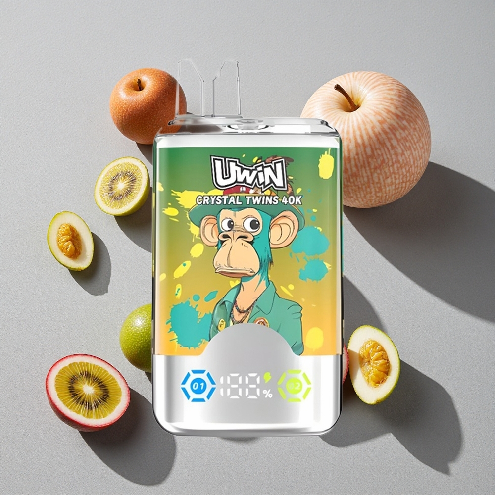 Kiwi Maracuyá Guayaba Dos Manzanas UWIN Crystal Twins 40000 Puffs con Dos Sabores Distintos y Carga Tipo-C